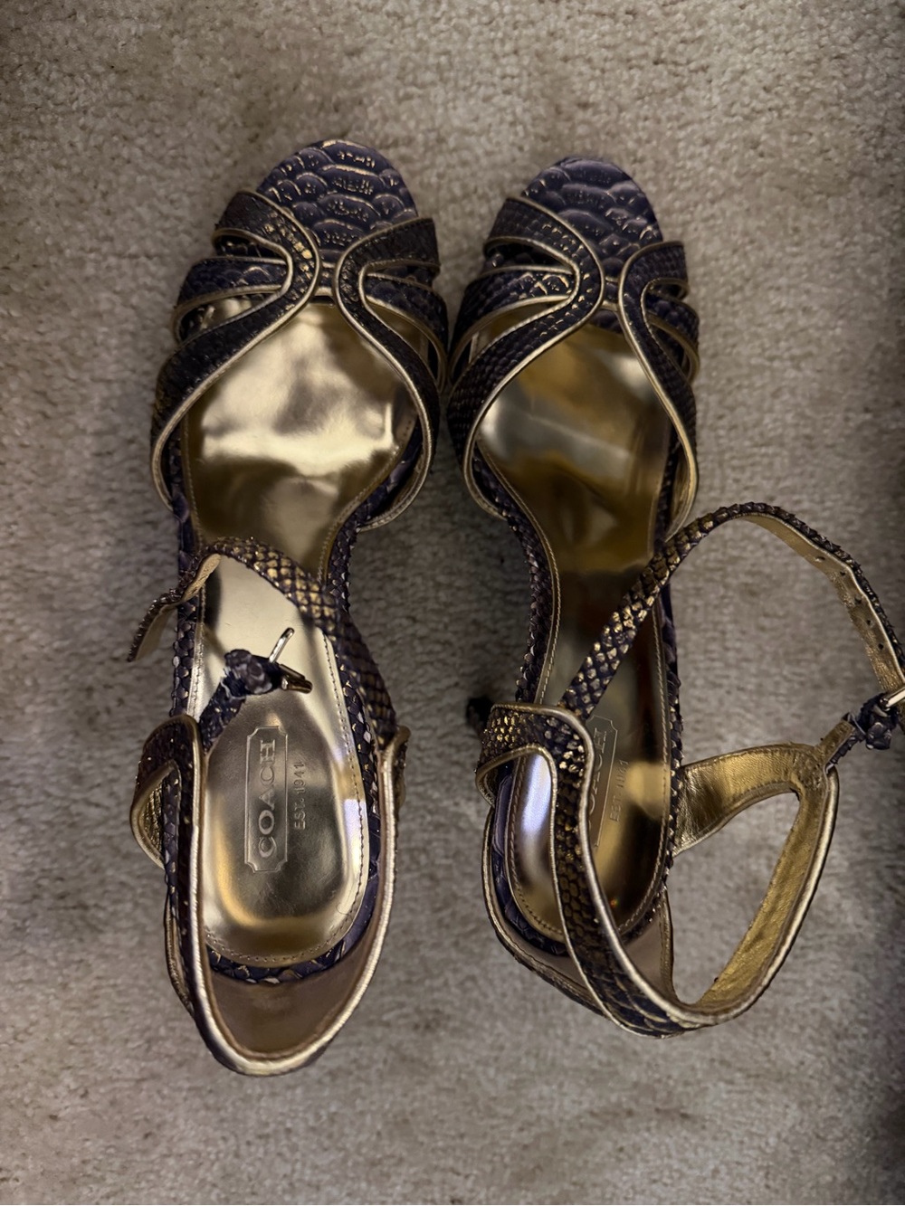 COACH Gold and Dark Brown Strappy Heeled Sandals